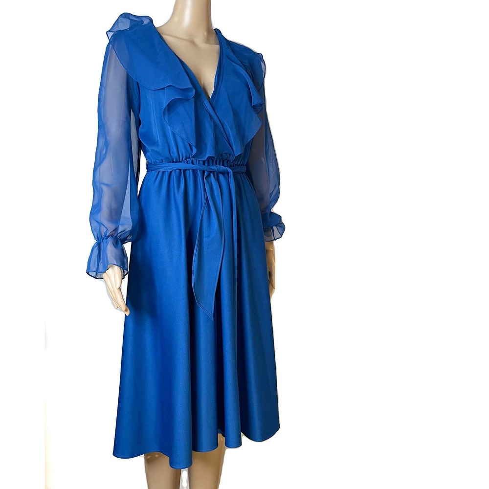 Vintage 70s Royal Blue Chiffon Dress | Sheer Bell Sleeve Ruffle Midi Dress Size